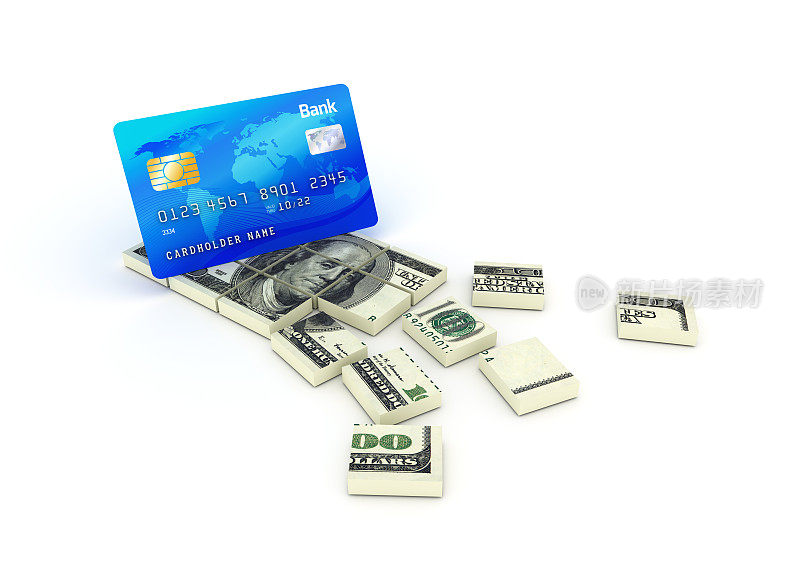 信用卡与美元钞票块- 3D渲染
